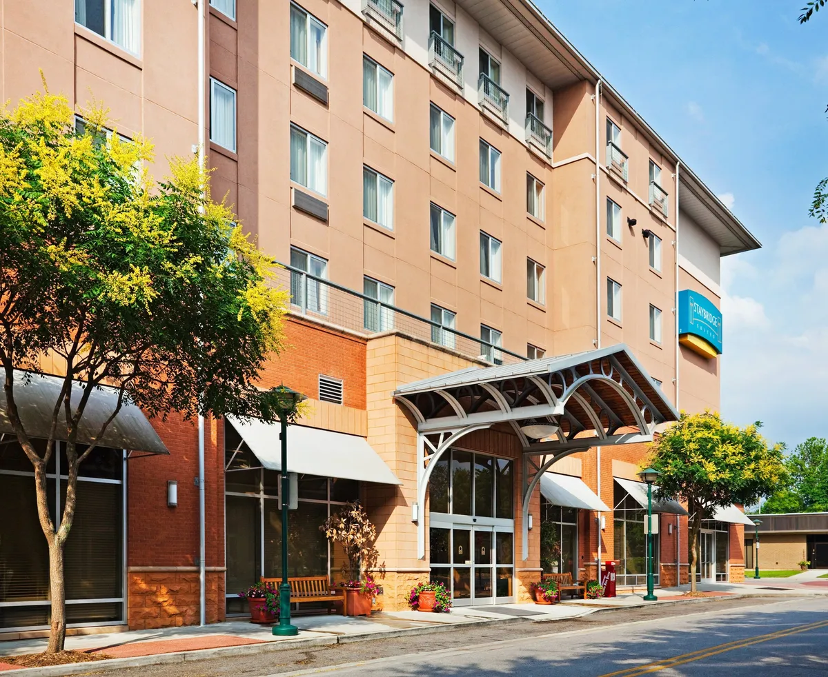 Bright and cheerful view of the hotel entrance with a welcoming canopy, lush green trees, colorful flower pots, and large windows. Guests are seen relaxing outdoors, checking in, and socializing at the entrance, creating an atmosphere of arrival and exploration.